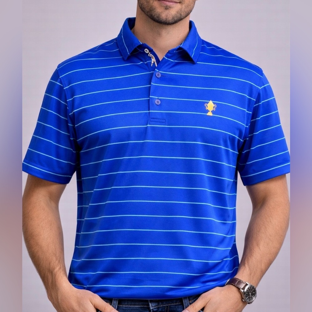 -BOBBY JONES X-H20 Cup Logo Blue w/Grey/Blue Stripes S/S Polo Golf Shirt Men XL